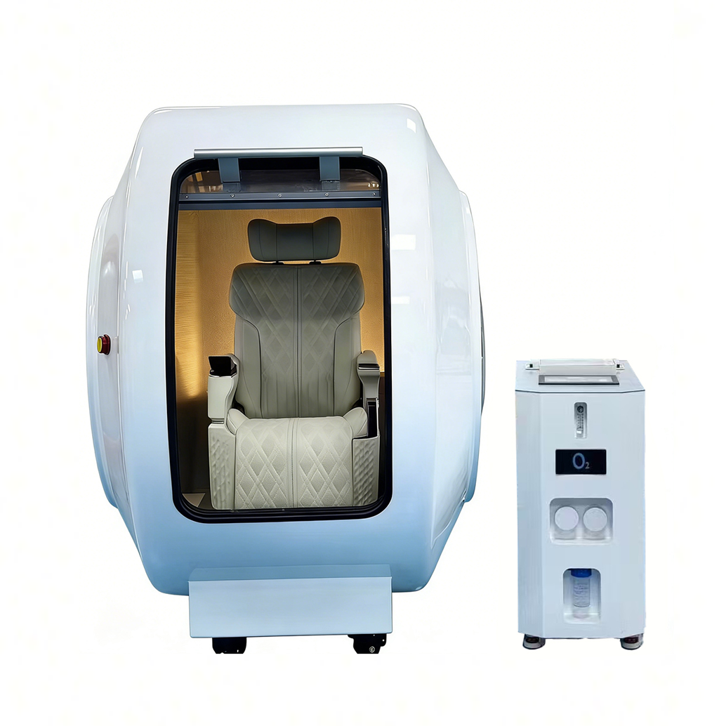 Portable pod with a chair inside and a small control unit on a white background