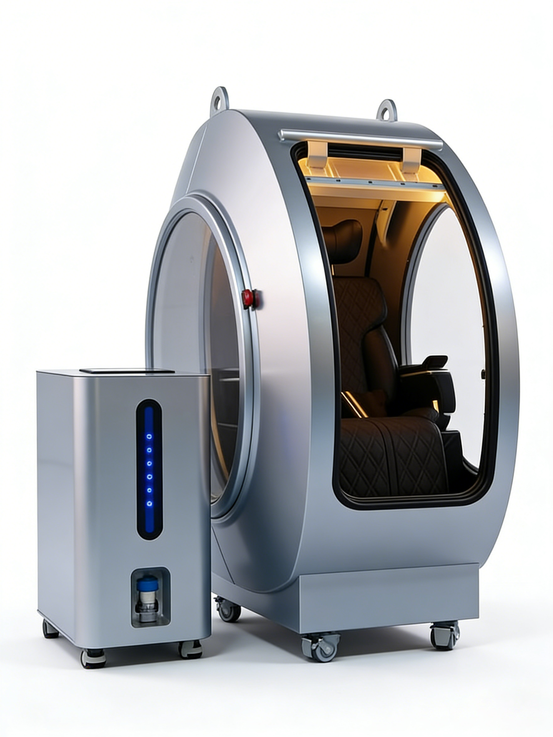 Modern vehicle pod with a compact control unit on a white background