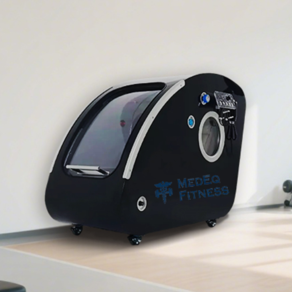 Black fitness pod with 'Wello Fitness' branding in a gym setting.