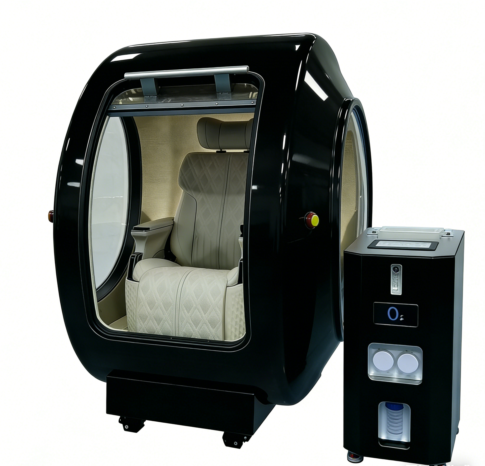 Black personal pod with a seat inside on a white background