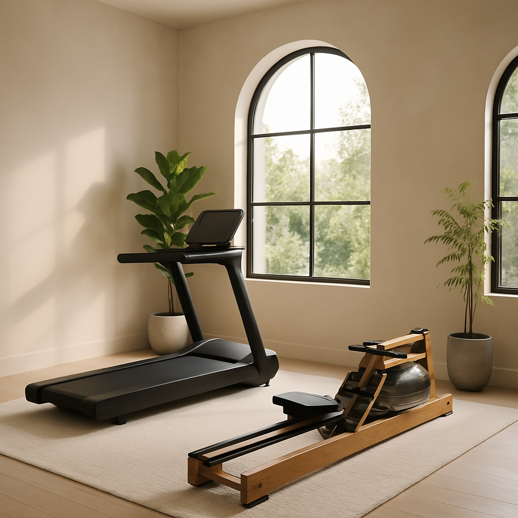 Modern home gym: black treadmill and light wood water rowing machine by arched windows.