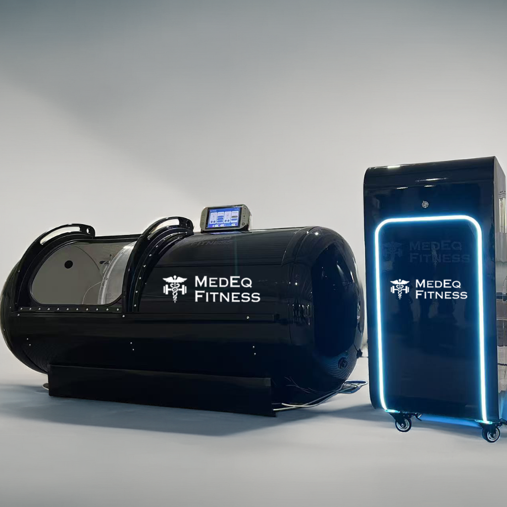 Hyperbaric chamber and host machine of MedEq Fitness equipment on a gray background