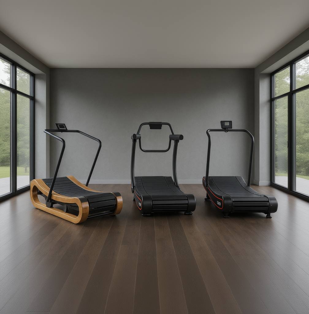 Three treadmills of different designs on a wooden floor with large windows in the background.