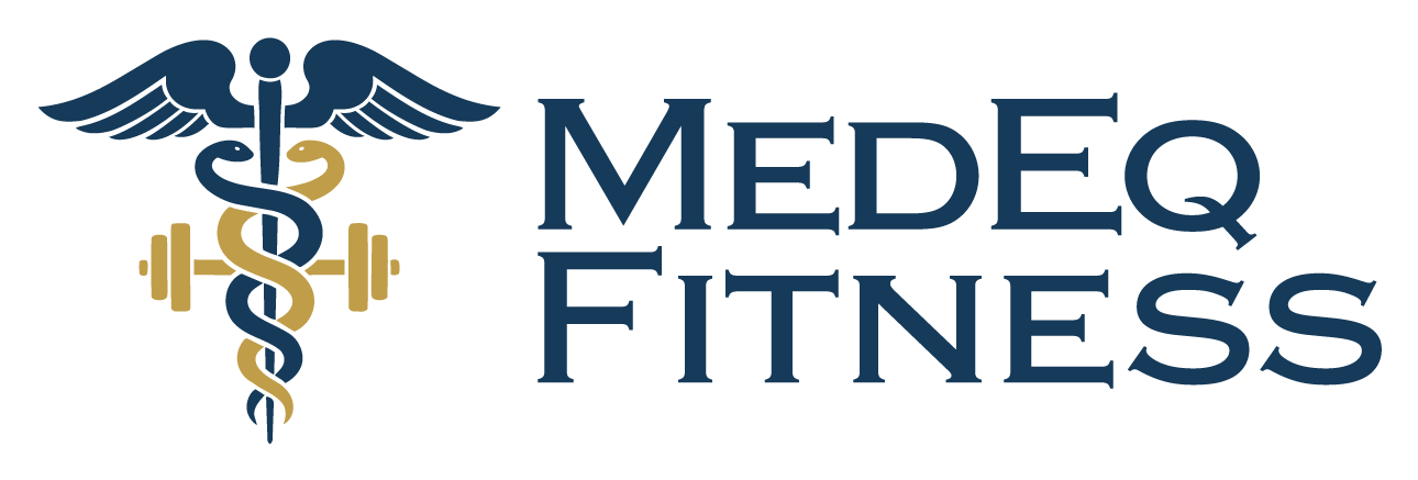 Logo of Medeq Fitness with a stylized medical symbol and barbell on a white background