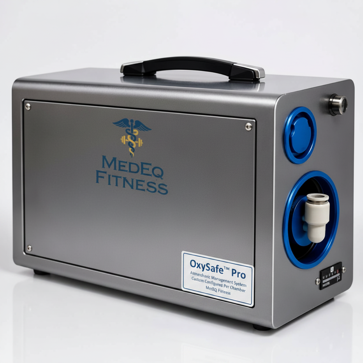 A MedEq Fitness OxySafe Pro portable environmental control unit in a brushed silver metal case with blue accents, a black carrying handle, and a white product label on a light gray background.