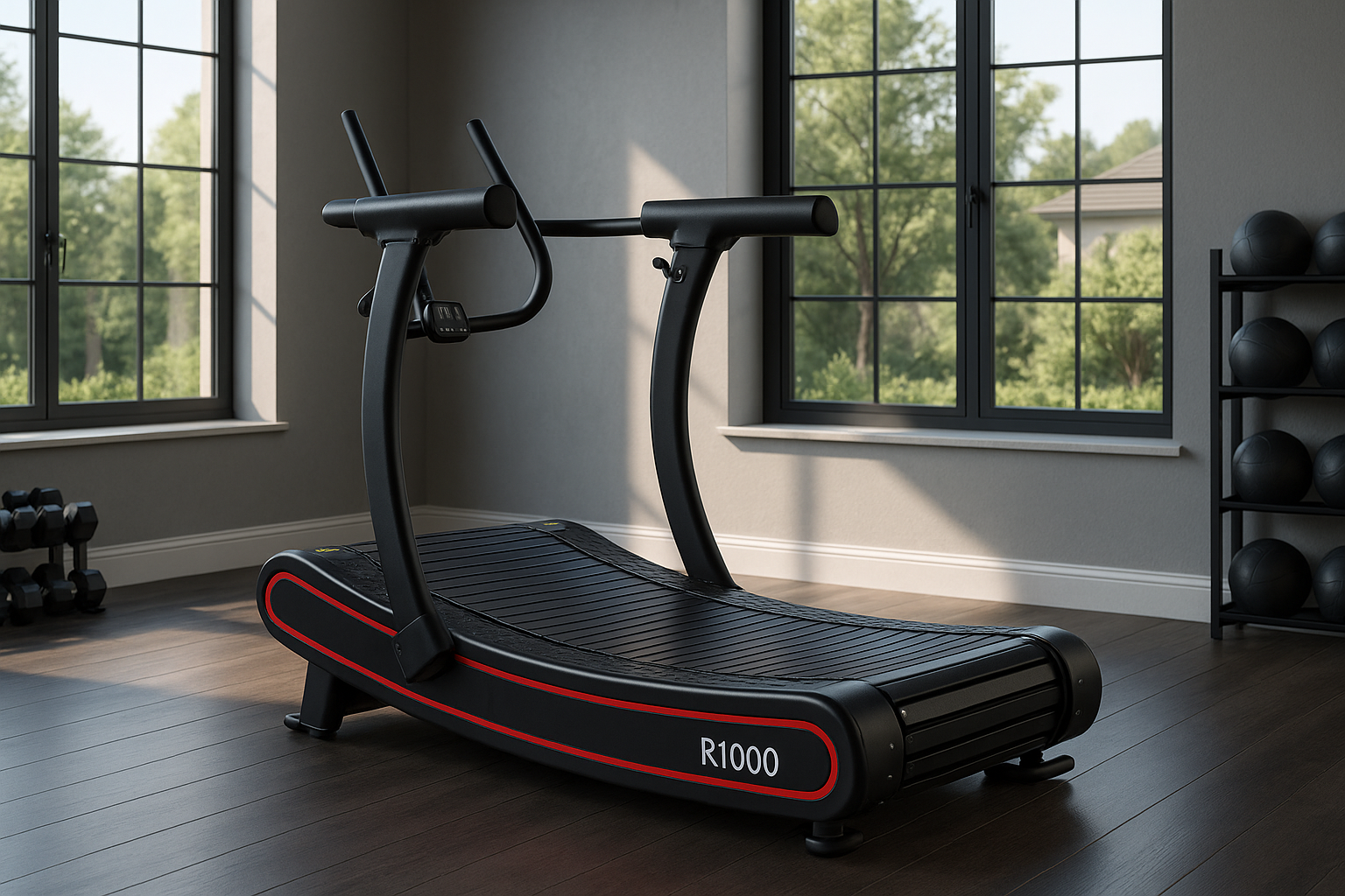 R1000 Curved Resistance Treadmill Self Powered Magnetic Resistance 8 Level Exclusive Deck Design by MedEq Fitness