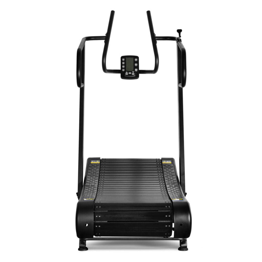 Black treadmill with digital display on a white background