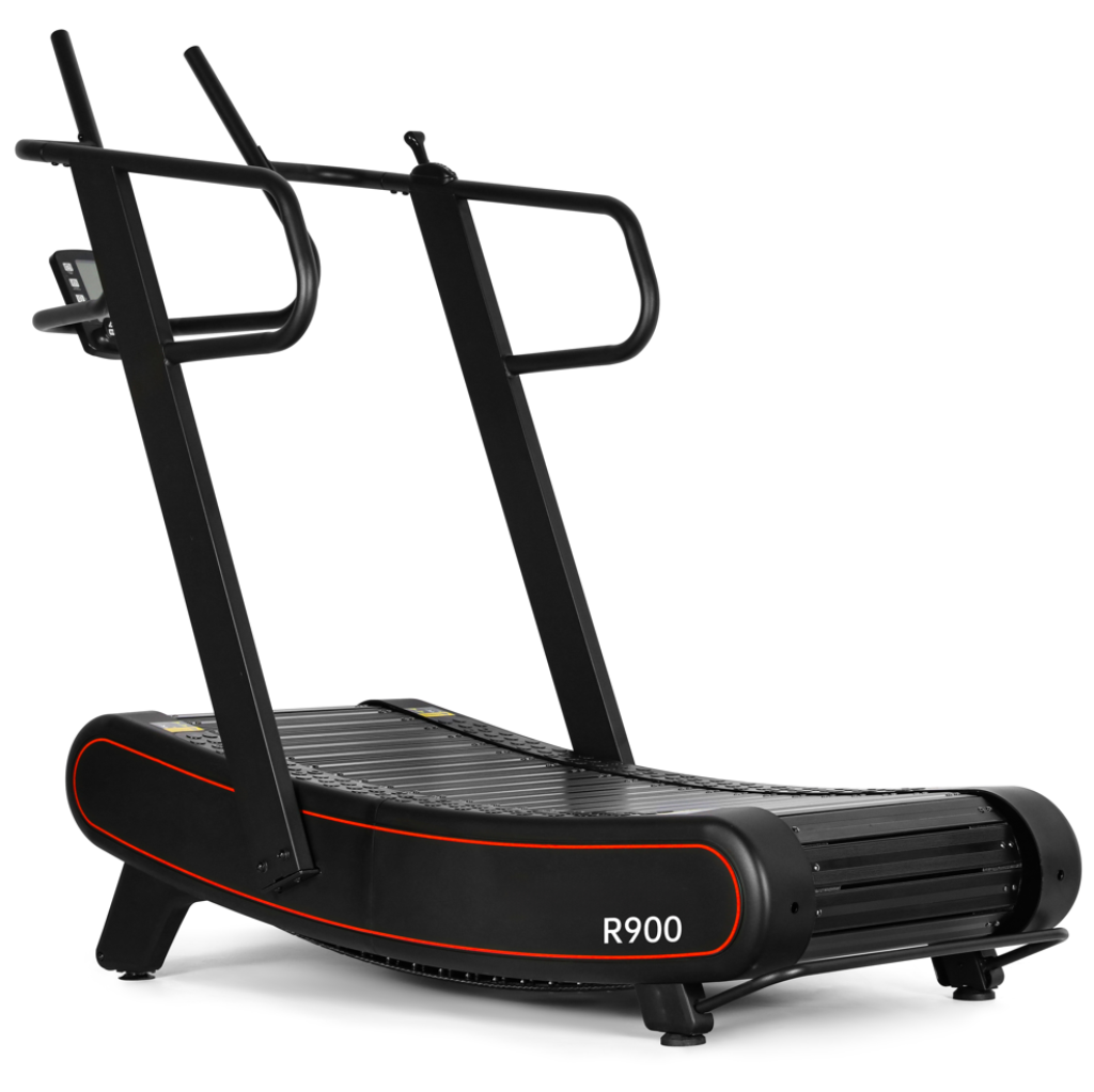 Black treadmill with red accents on a white background