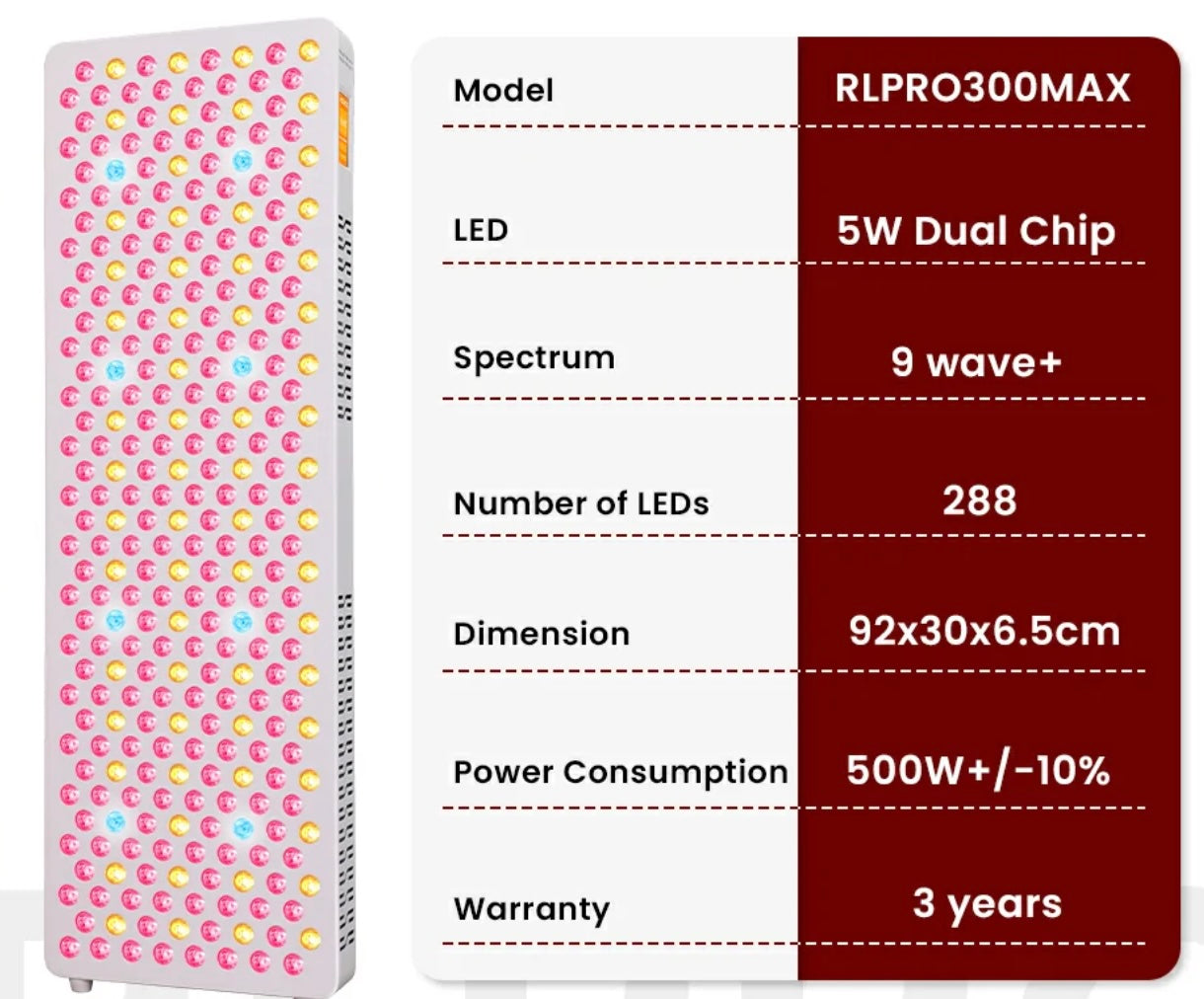 LED light panel with specifications on a white background