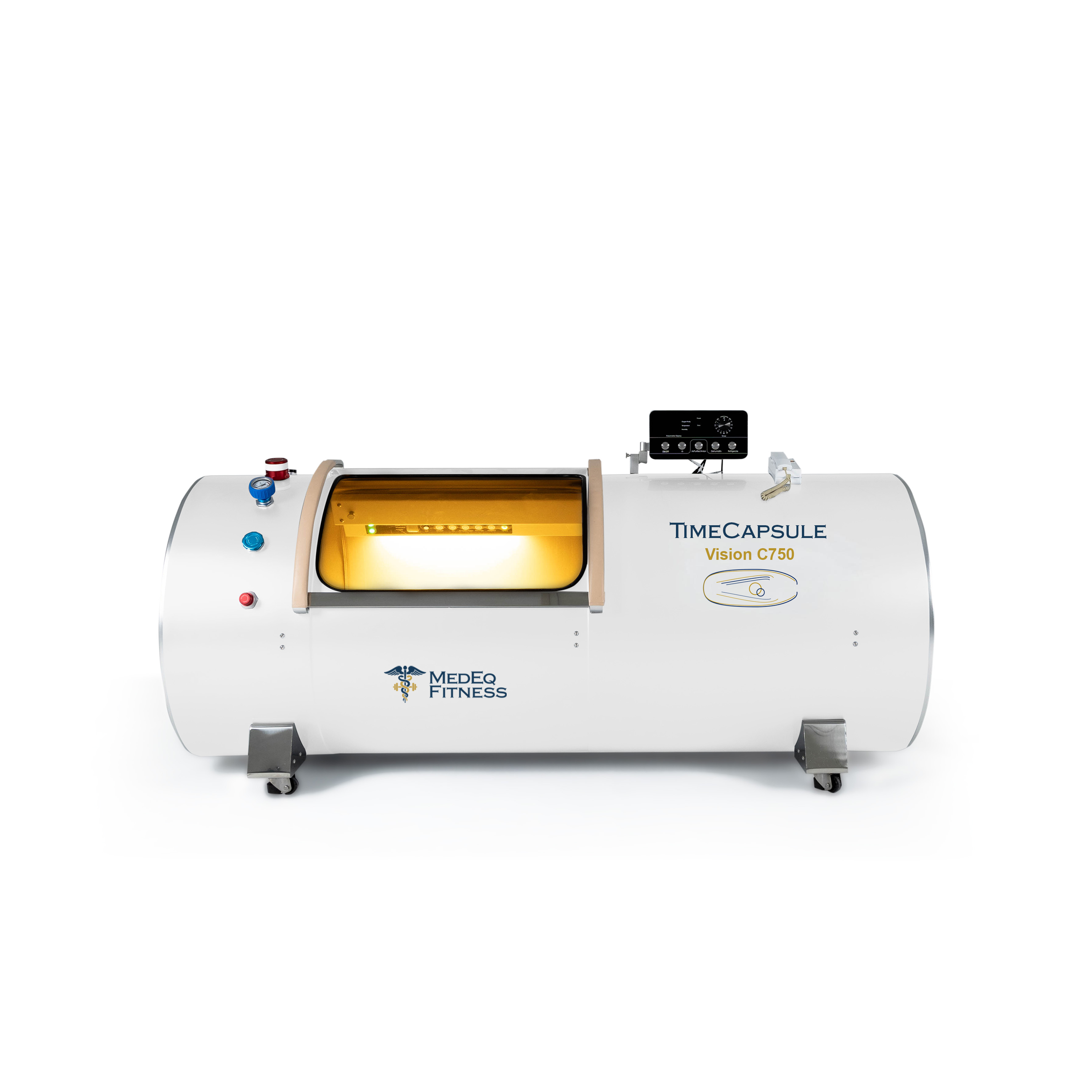 White hyperbaric chamber with 'MedEq Fitness' branding on a white background