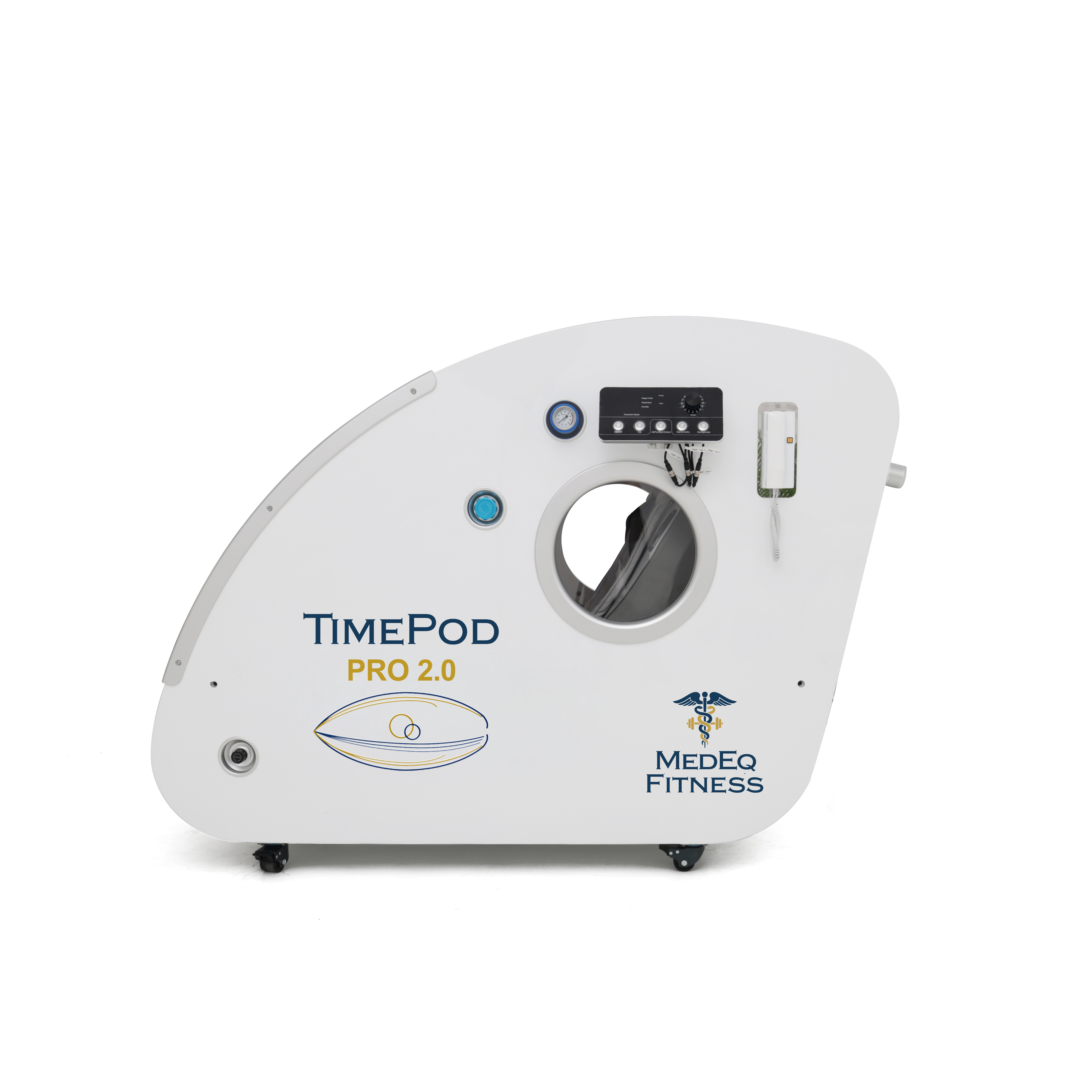White TimePod Pro 2.0 hyperbaric chamber with MedEq branding