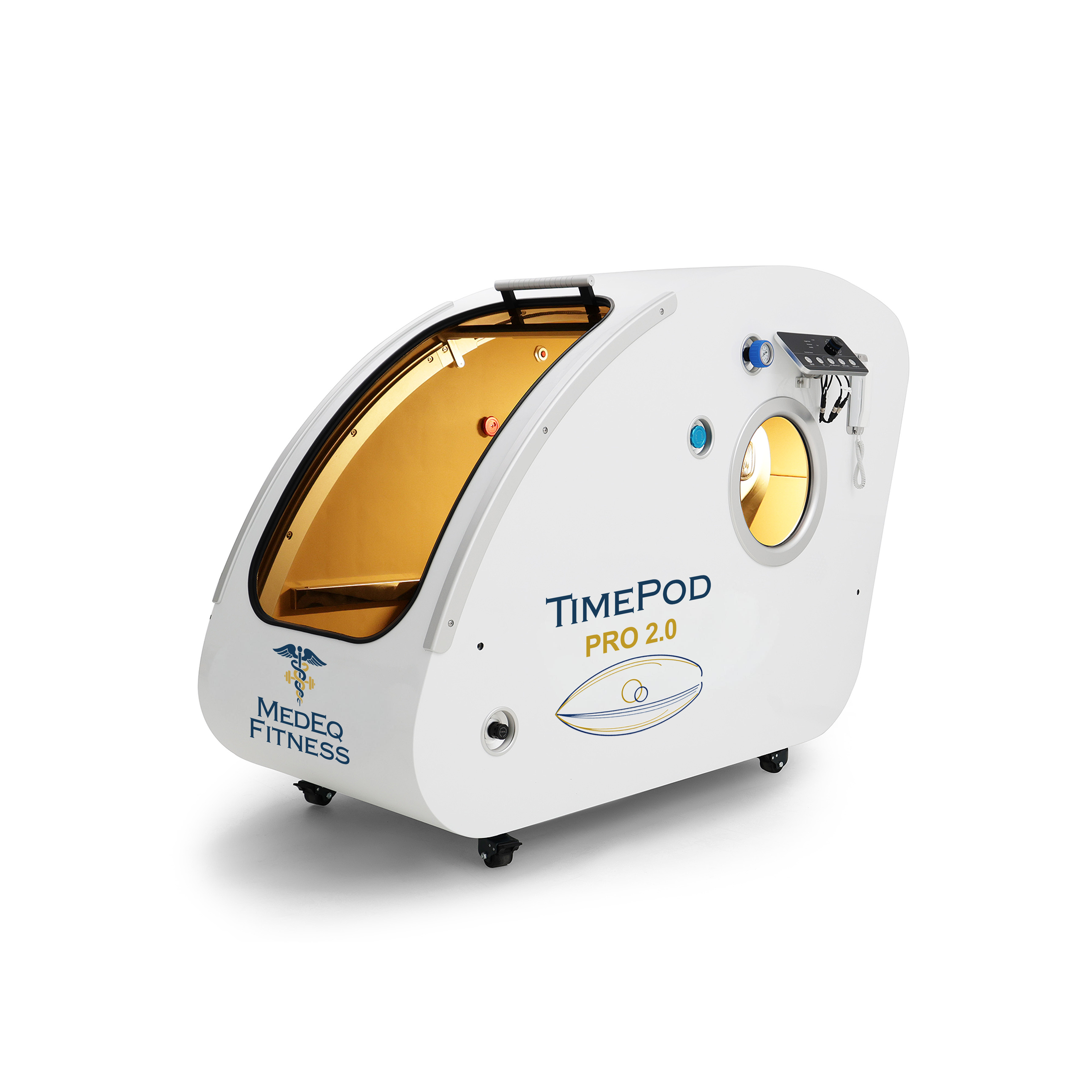 White TIMEPOD Pro 2.0 hyperbaric chamber with gold interior on a white background from MedEq