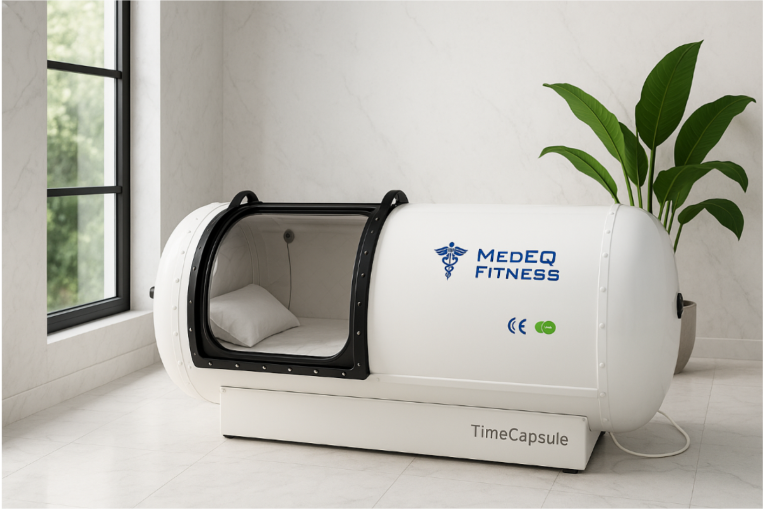 White fitness pod labeled 'Medeq Fitness' in a room with a window and plant.