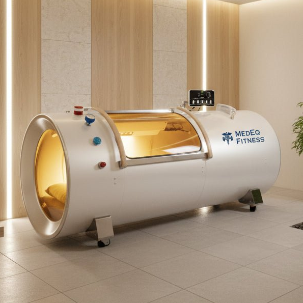 White fitness equipment with 'Medeq Fitness' branding in a room with plants and a bench.