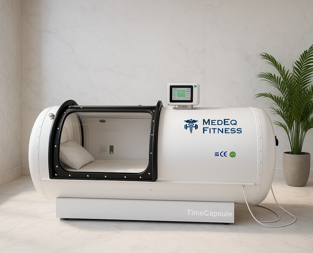 hyperbaric chamber with Medeq Fitness branding on a white floor and wall.