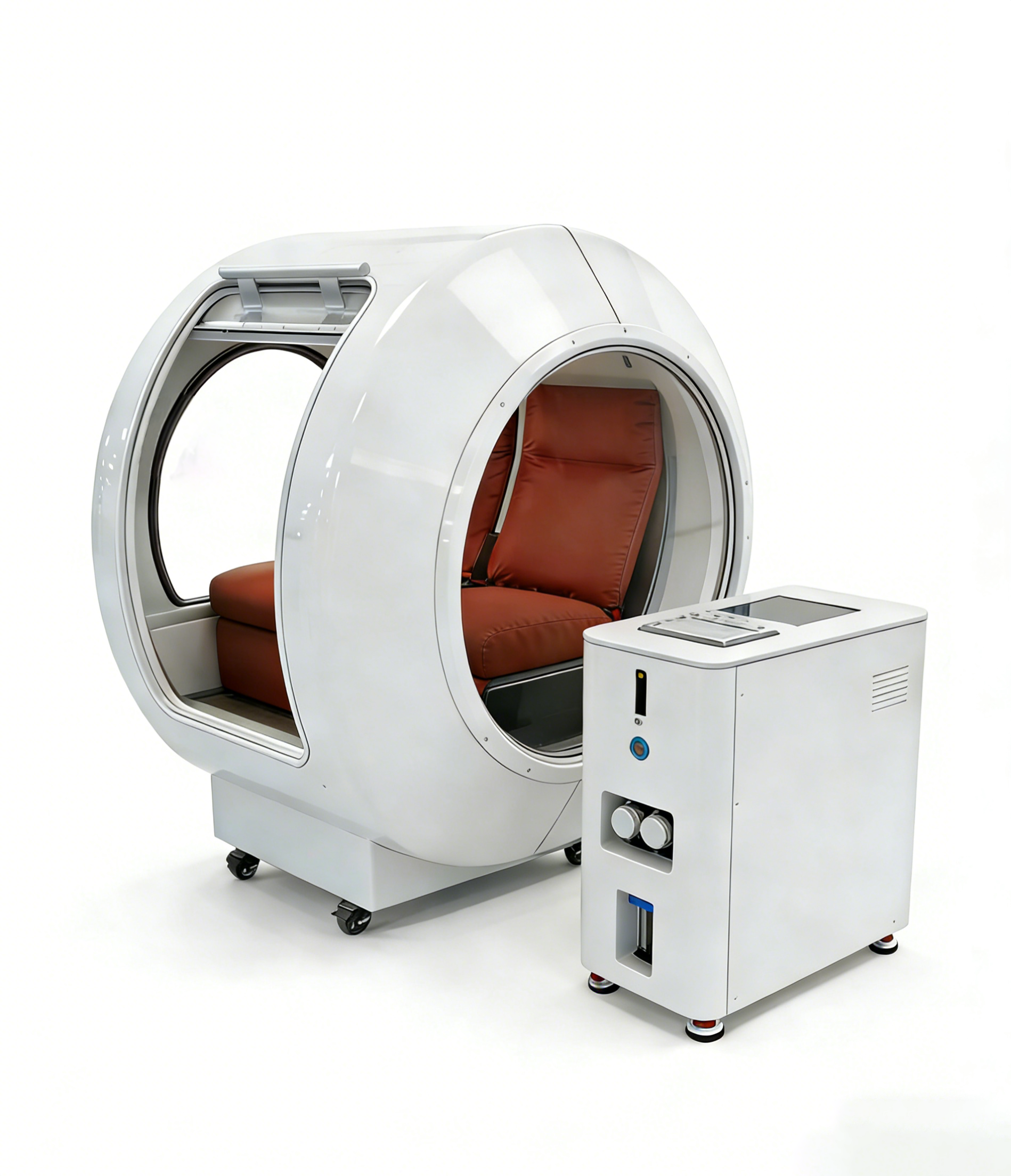 White two person pod with red interior and control panel on a white background