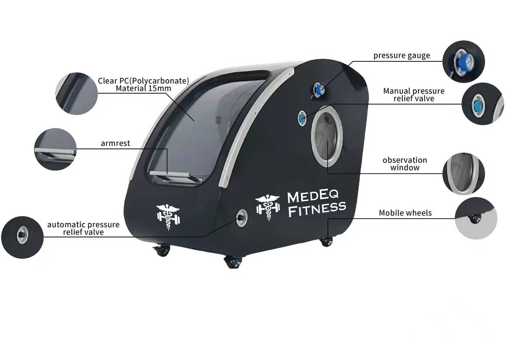Black exercise bike with labeled components on a white background, featuring the Medeo Fitness brand.