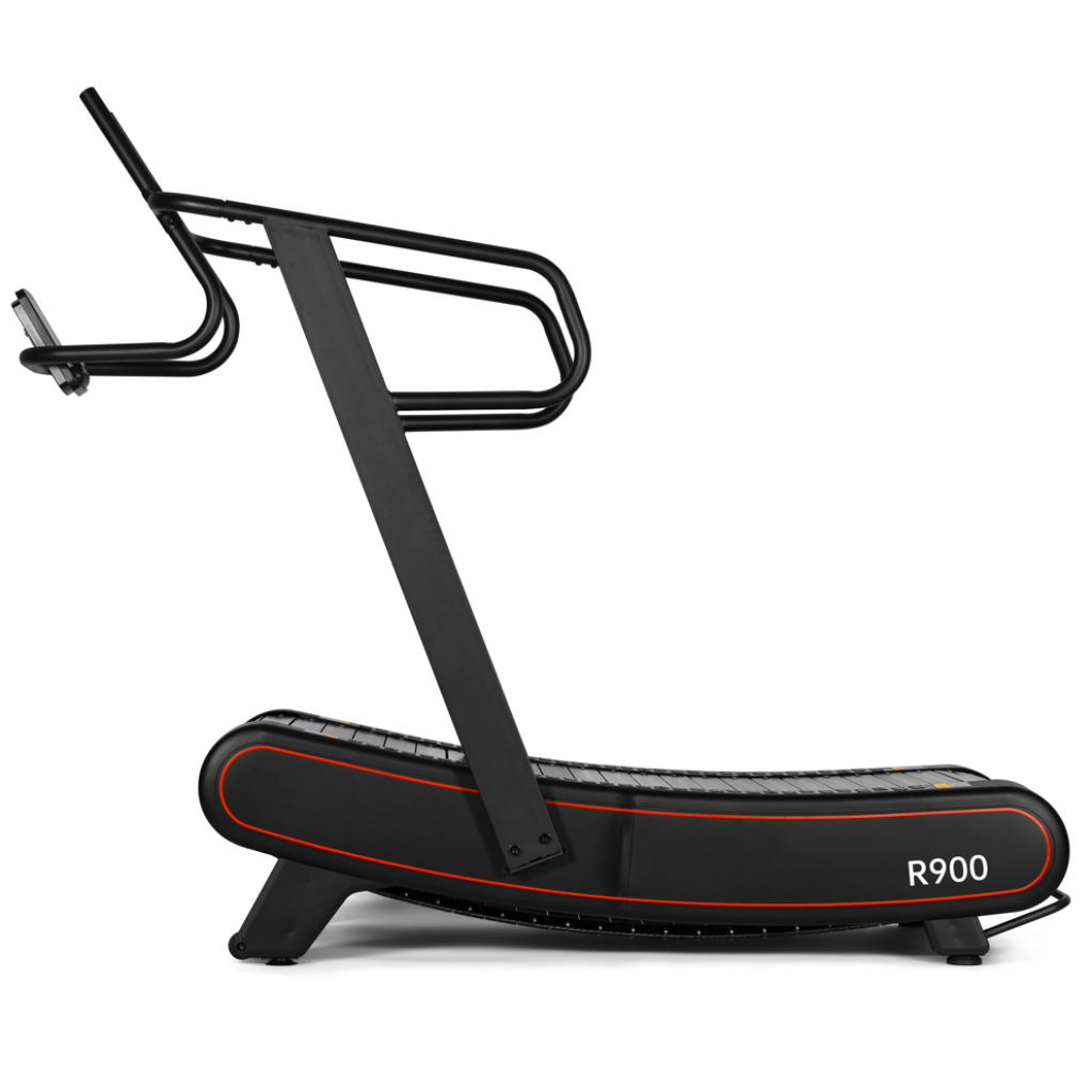 Black treadmill with 'R900' branding on a white background