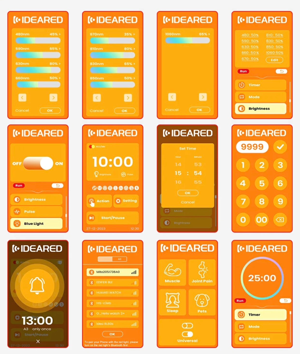 Collection of IDEARED app interface screens on a white background