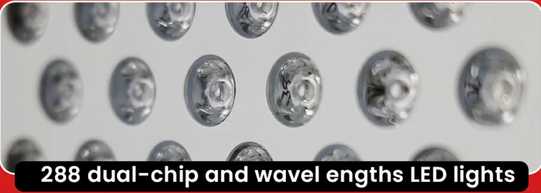 Close-up of LED lights with text indicating '288 dual-chip and wavelengths LED lights'.