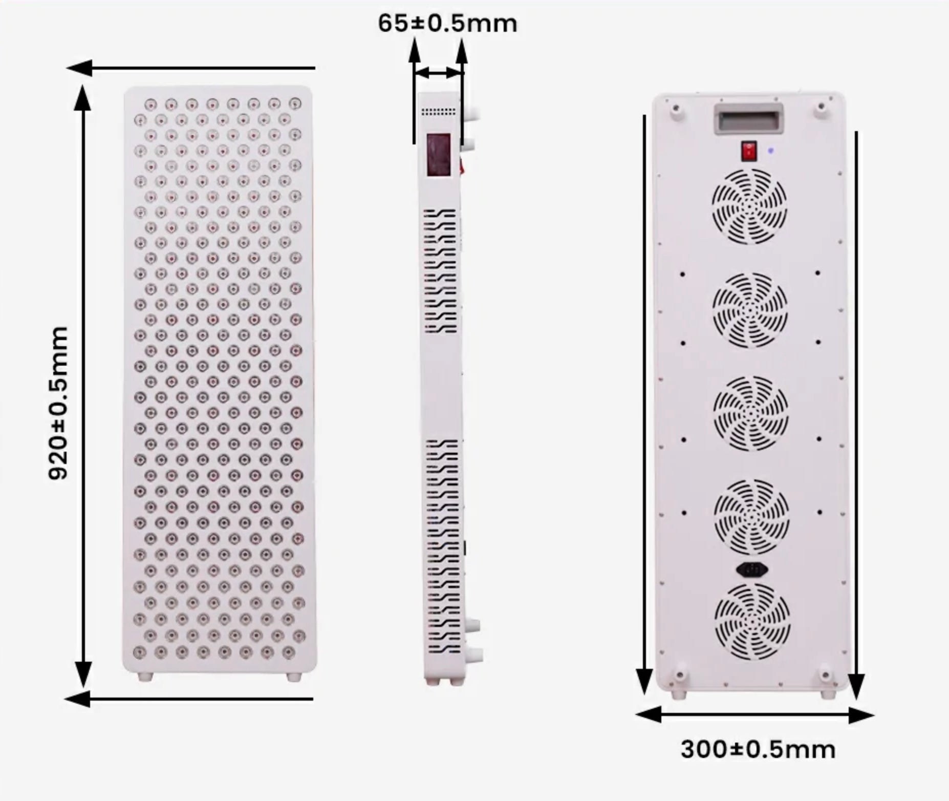 Technical drawing of a MeEq Red Light Panel with dimensions labeled