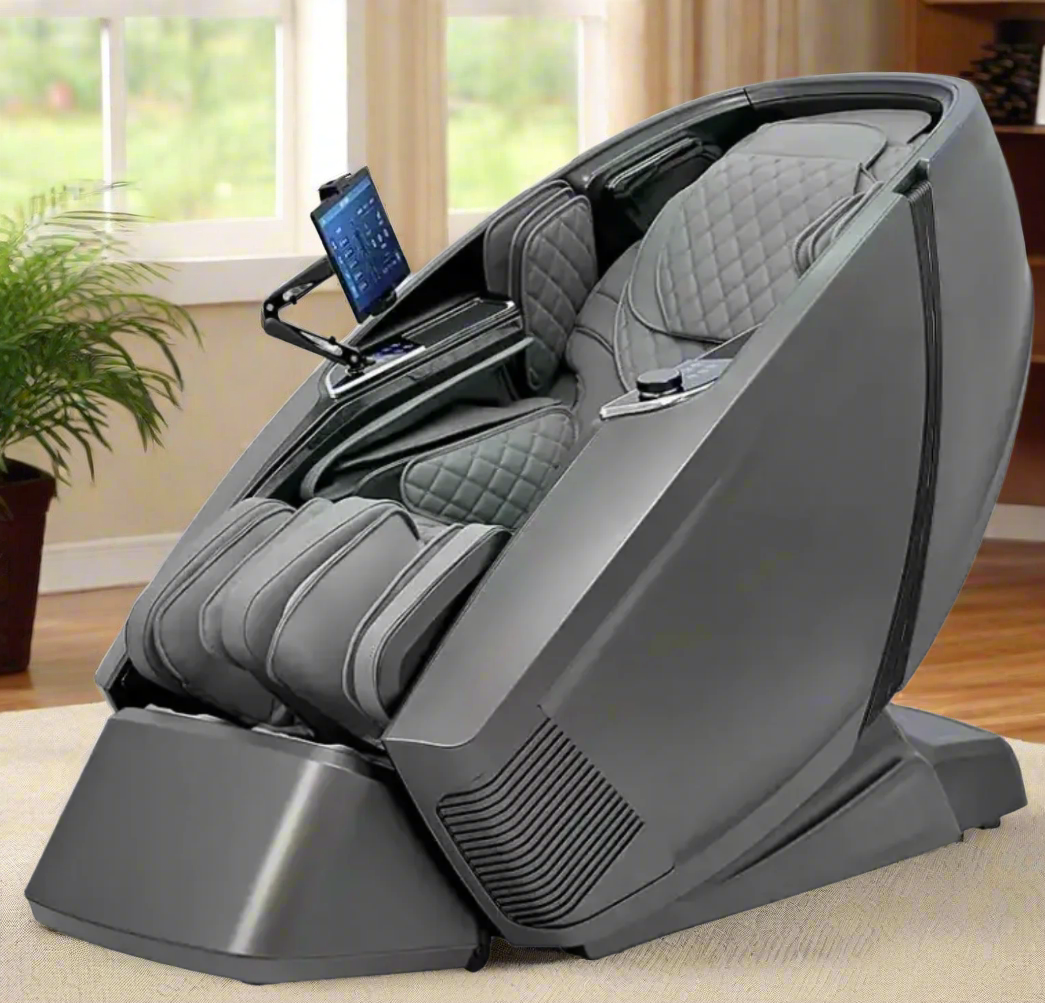 Gray massage chair with quilted design on a white background