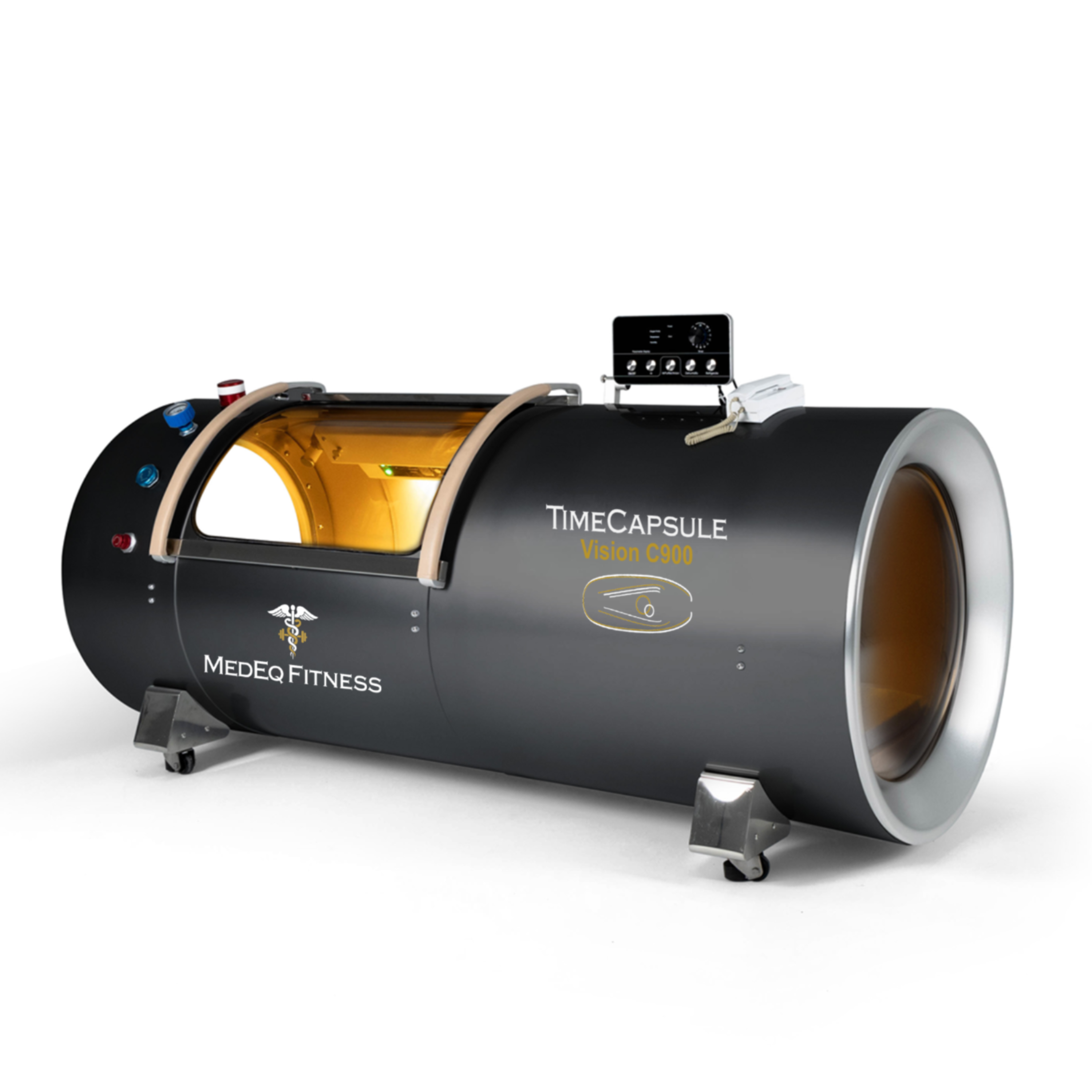 Black hyperbaric machine labeled 'TimeCapsule' by Medeq Fitness on a white background