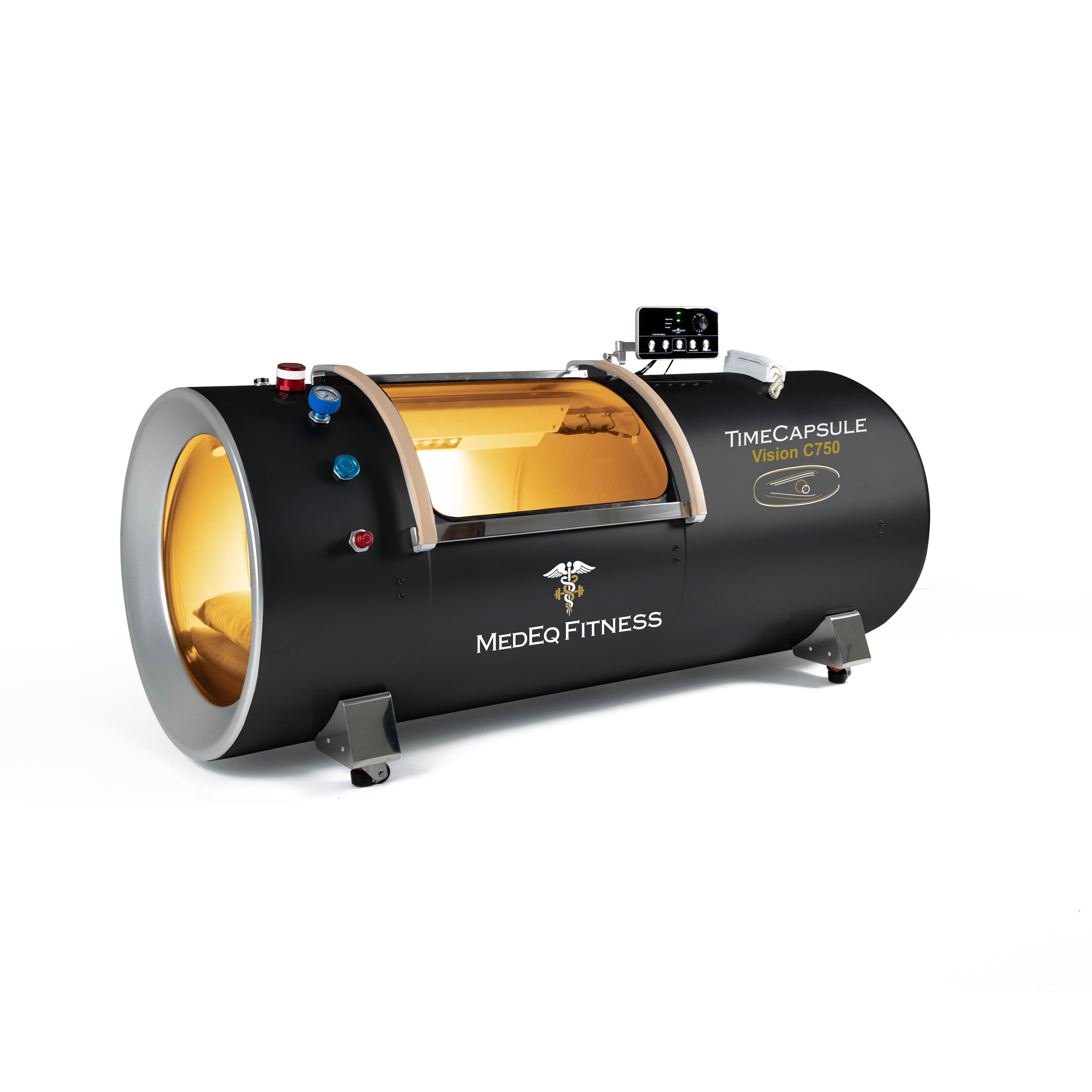 Black and gold hyperbaric chamber with 'Medeo Fitness' branding on a white background