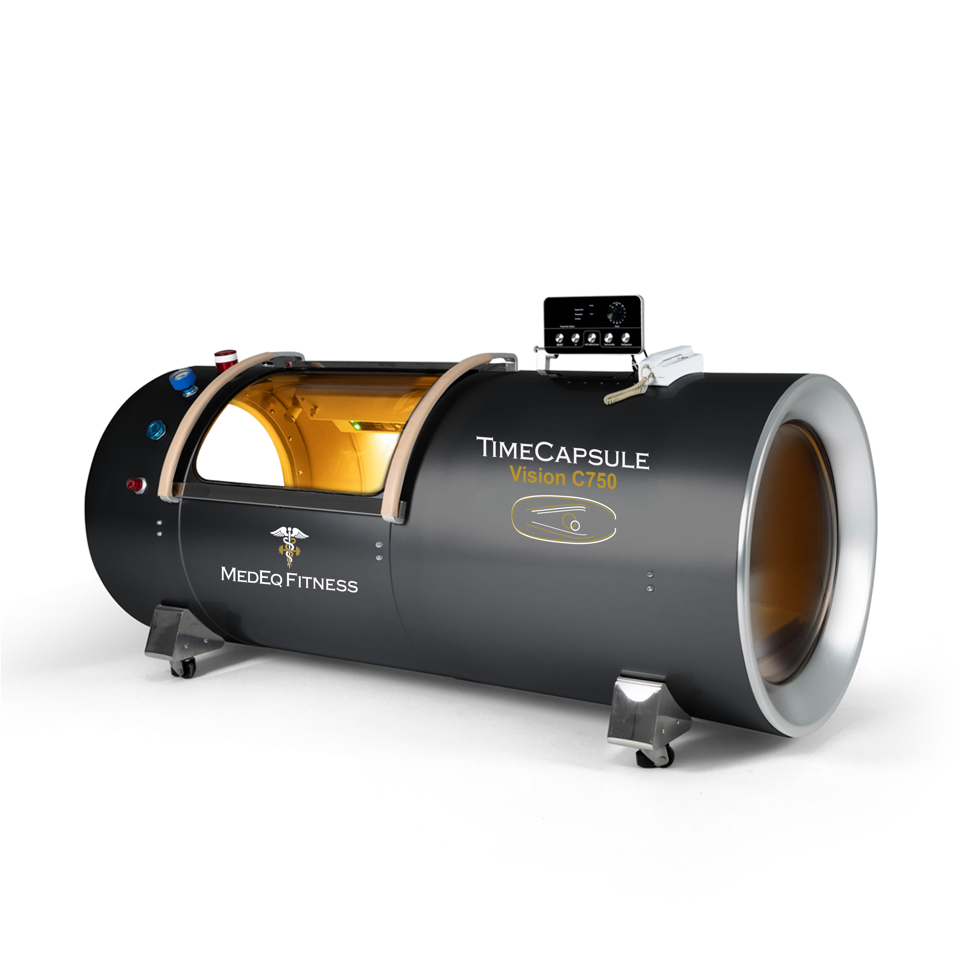 Black Hyperbaric Chamber with MedEq fitness branding