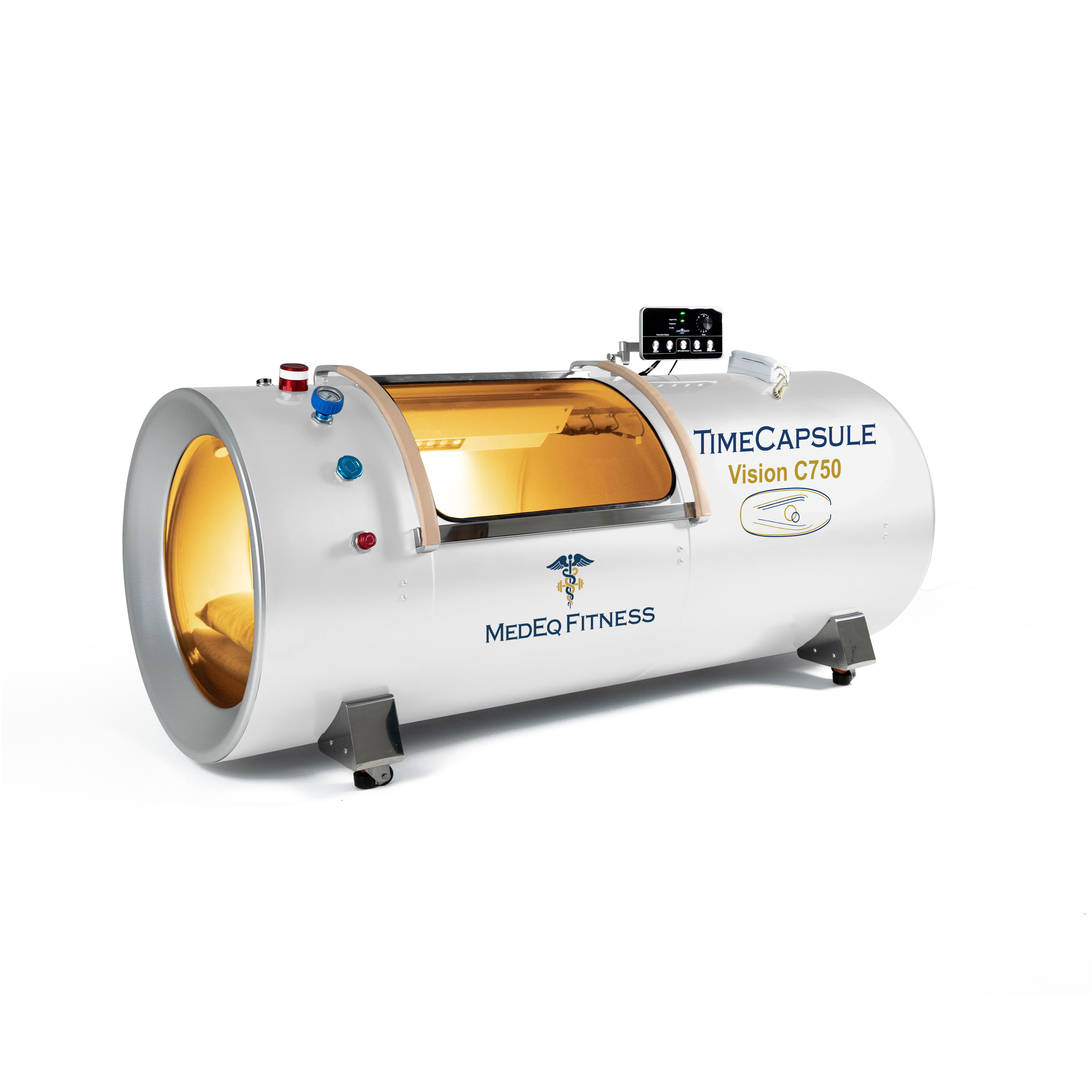 White hyperbaric chamber with 'TimeCapsule Vision C750' and 'Medeq Fitness' branding on a white background.