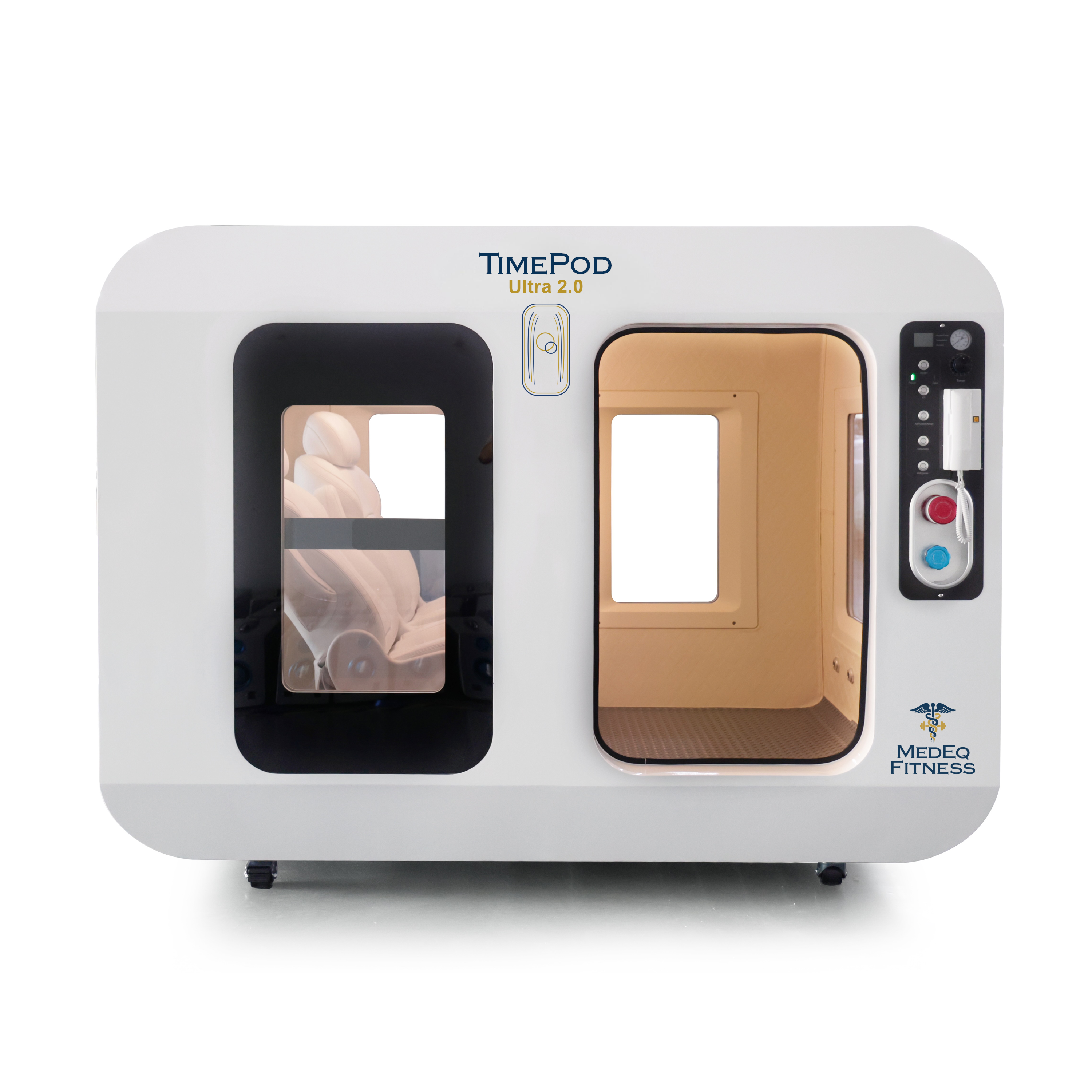 White multi-person hyperbaric chamber with black and brown sections on a white background