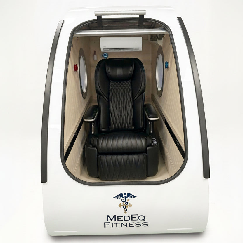 Black massage chair with 'Medeq Fitness' branding on a white background
